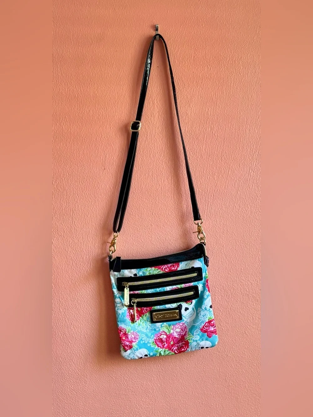 Besty Johnson Floral Skull Crossbody Bag in Turquoise and Pink